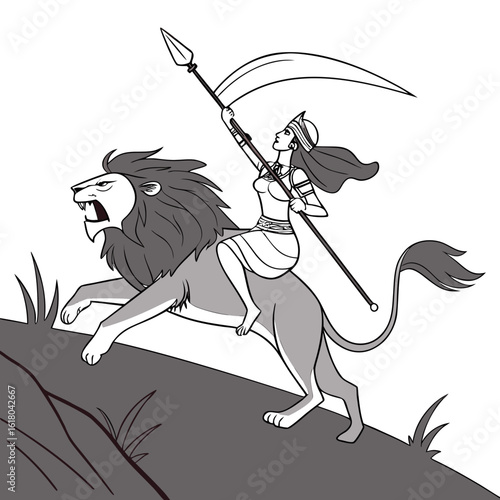 Warrior woman riding a lion holding a spear