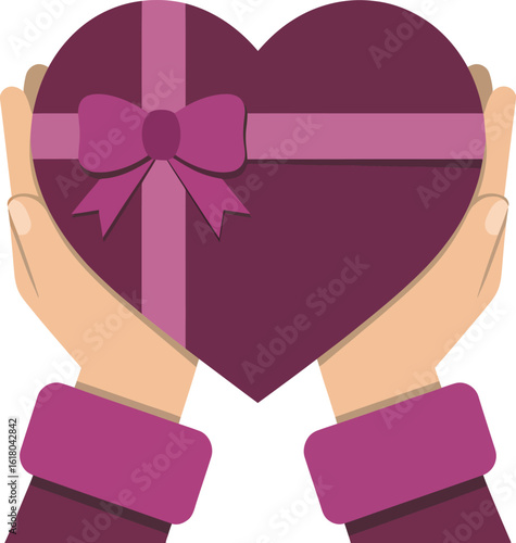 Hands tenderly present a heart-shaped gift box adorned with a beautiful ribbon and bow, symbolizing love and appreciation.