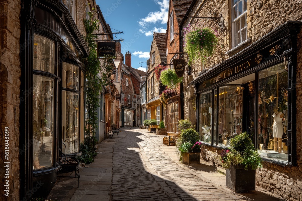 Fototapeta premium Sun-drenched cobblestone lane, lined with quaint shops boasting stone facades, hanging baskets, and window displays