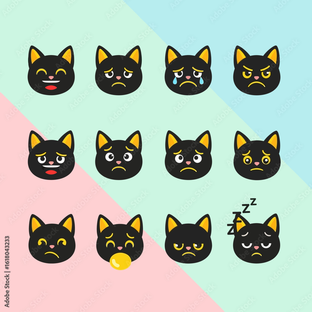 A collection of cute black cat head emoticons showing various emotional expressions and moods for character design. A collection of cute black cat head emoticons showing various emotional expressions and moods for character design.