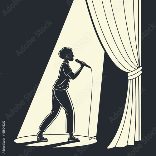 Solo performer singing into a microphone on a stage with spotlight and curtains