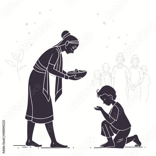 Woman offers food to a kneeling child with onlookers in the background
