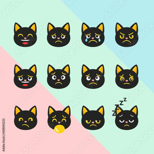 A collection of cute black cat head emoticons showing various emotional expressions and moods for character design.