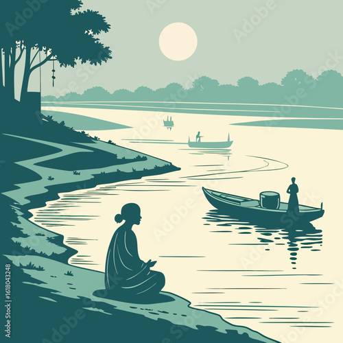 Serene river scene with a person meditating by the water and boats on the river