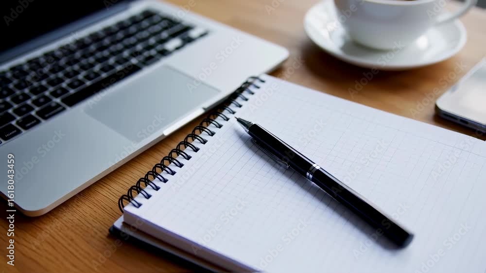 Office desk with laptop with notepad, coffee cup, and and pen. Office desk with laptop with notepad, coffee cup, and and pen.