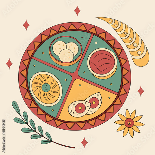 Decorative indian thali with traditional food and festive elements