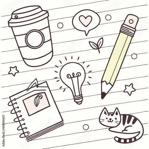 Set of hand drawn sketch icons including school and office doodles on white background