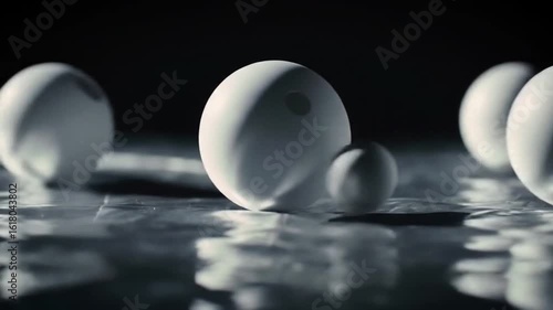 Close-up of multiple white spherical objects of varying sizes arranged on a reflective, textured surface with a dark background.