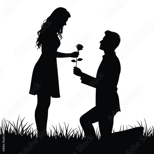 Couple proposing with rose in grass proposal silhouette