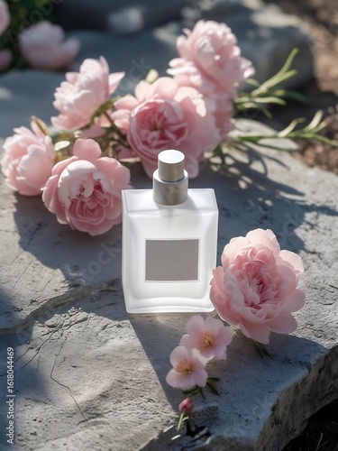 Sunlit Rose Perfume Bottle with Pink Blooms on a Rugged Stone Ledge