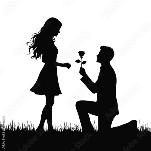 Couple proposing with rose on grassy field proposal woman