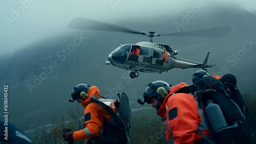 Helicopter rescue team in mountain wilderness with emergency gear, landing operation and search and rescue personnel in extreme weather conditions