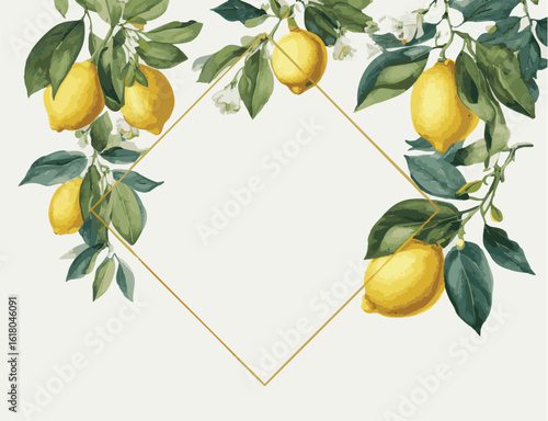 Summer Wedding party Invitation with Lemons. Italian style lemon branch botanical invite