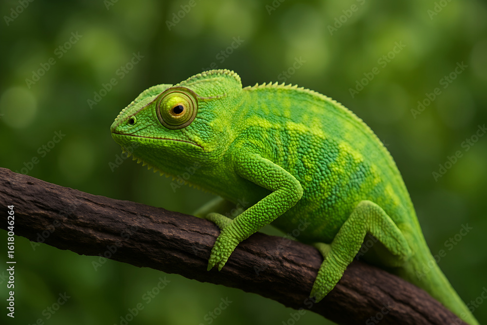 Obraz premium A bright green chameleon rests on a branch in its natural habitat