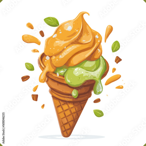 Vector illustration of a pumpkin and matcha swirl ice cream in a waffle cone with splashes and seeds on a white background