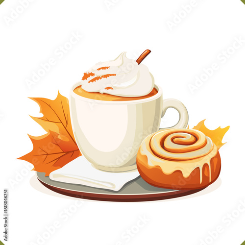 Vector illustration of a pumpkin spice latte with whipped cream, cinnamon roll, and autumn leaves on a white background