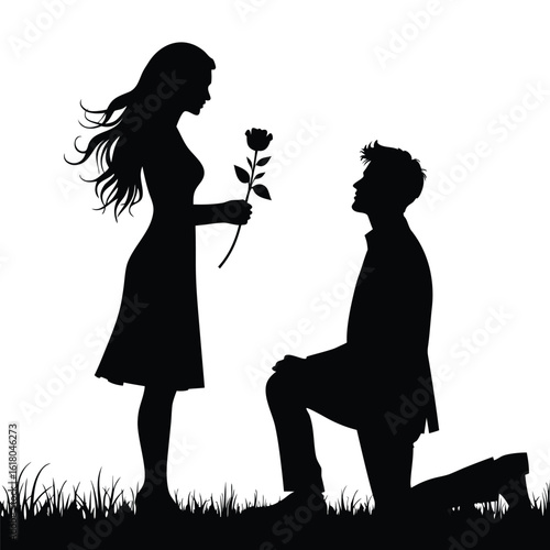Couple silhouette proposing with rose on grass woman