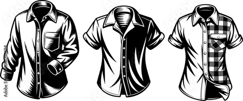 Stylish black silhouette of short-sleeve shirts with varied patterns, ideal for fashion designs, apparel branding, and textile illustrations