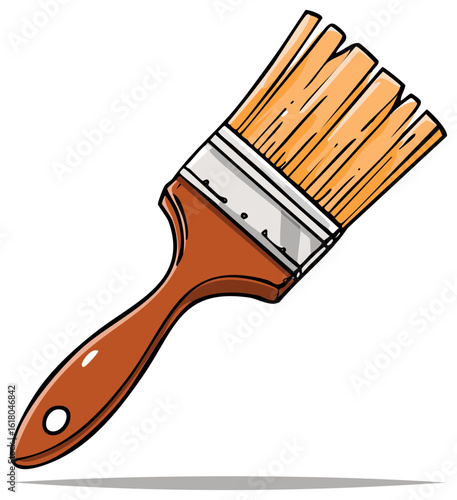 Cartoon style paint brush with wooden handle and bristles ready for painting