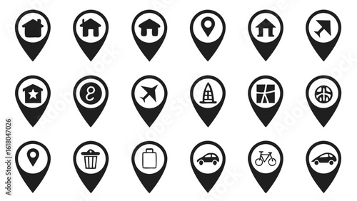Collection of black and white location map pin icons with various symbols