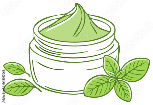 Natural cosmetic cream in a jar with fresh herbal leaves line art illustration