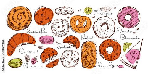 Pastry desserts set. Cookies, croissants, puffs, macaroons, donuts sketch collection with inscriptions. Hand drawn elements for package, menu, recipe. Sketch ink graphic bakery set. Sweet dessert
