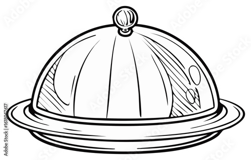 Cloche illustration. Food serving cover. Restaurant serving dish. Black and white.