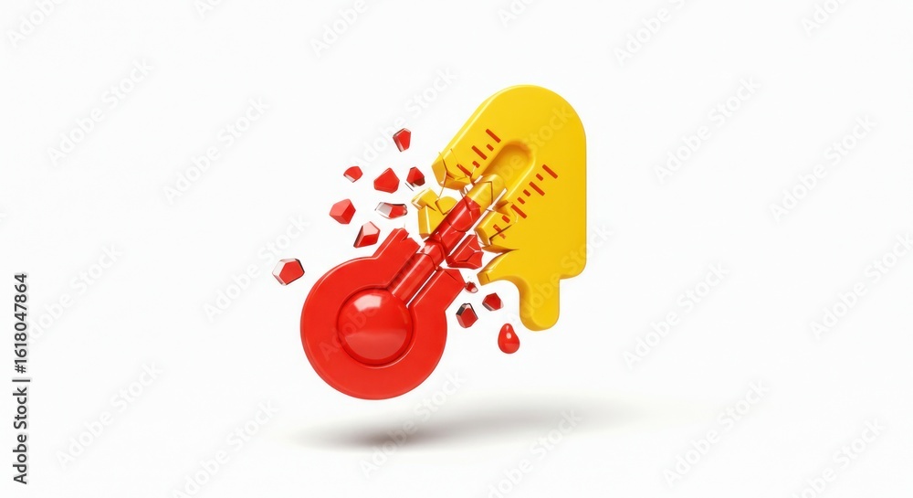 Naklejka premium A 3D rendering depicts a broken thermometer. The bulb is red, the rest yellow, melting and shattering, signifying high temperature. White background