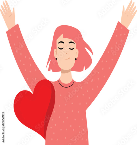 Joyful woman embracing a large red heart with open arms radiating love and happiness in a vibrant, positive celebration