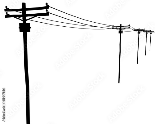 A black and white silhouette of a telephone pole with multiple wires stretching horizontally against a clean white background. The stark contrast highlights the electrical infrastructure.