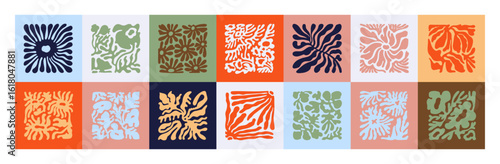 Collage of flowers in Matisse art style, decoration. Set of stylized abstract floral silhouettes. Patterns with groovy leaves, shapes of plants in minimal style in frame. Flat vector illustration
