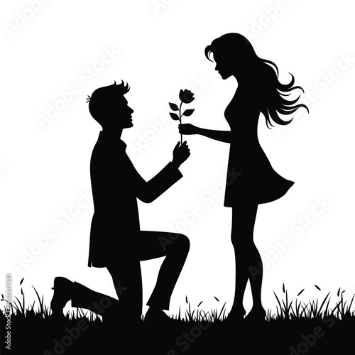 Man kneels offering rose to woman silhouette couple proposing