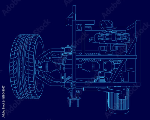 Blueprint of a car's suspension system displays the drive unit and module with precise contour lines. The detailed drawing highlights all components of the wheel assembly on a blue background.
