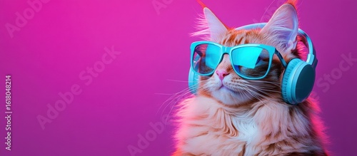 An orange cat with shades and headphones on, against a vibrant pink backdrop, looking chill