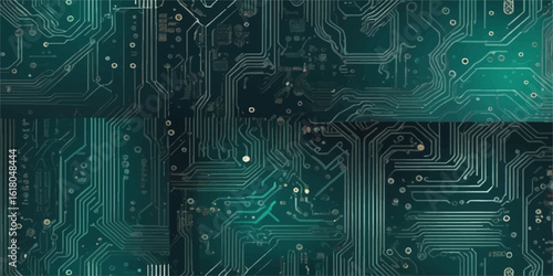 A detailed macro view of a blue printed circuit board with computer chips and electronic components
