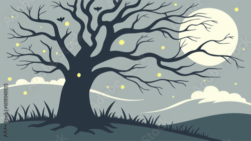 Illustration of a spooky tree silhouette with bats and fireflies under a full moon in a gray landscape