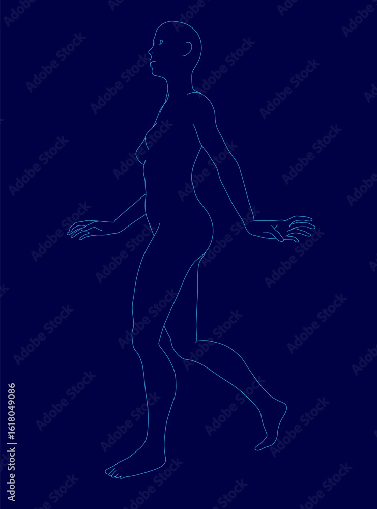 Fototapeta premium A determined woman walks confidently in a blue line drawing, her arms and legs outstretched in motion. Her hair is pulled back in a neat bun, and her expression conveys focus.
