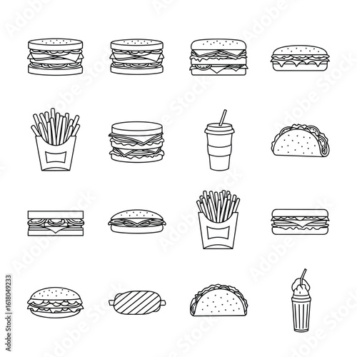 Black and white line art illustration of fast food favorites burgers fries tacos and beverages isolated on white