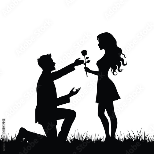 Man proposes to woman with rose in grassy field proposal romance