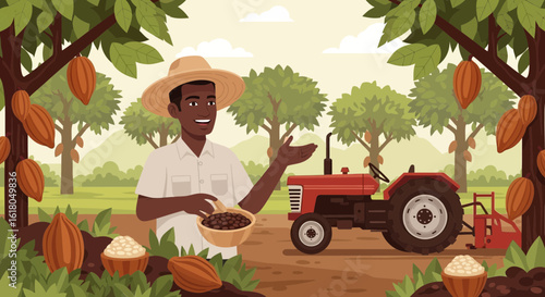 Obraz na plátně Happy Cocoa Farmer With Fresh Harvest And Tractor In Plantation