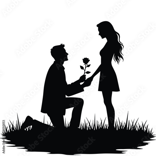 Man proposes to woman with rose in grassy field romance proposing flower