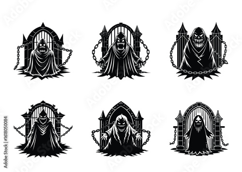 Six spooky ghosts stand guard in this monochrome illustration of haunted domains