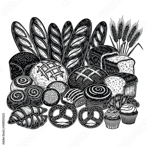 Hand Drawn Bakery Assortment with Bread Loaves Rolls Pretzels Croissants and Cupcakes in Detailed Black and White Illustration