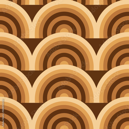 Geometric seamless pattern with overlapping arches in retro brown and beige tones. A vintage 70s style abstract background.