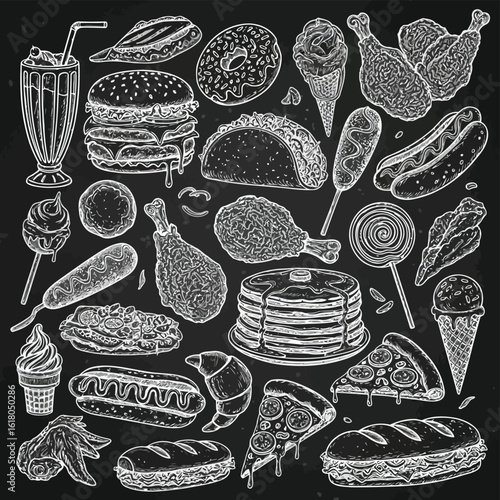Hand Drawn Fast Food Collection on Chalkboard Surface Delicious Treats and Savory Options Ideal for Menus and Designs
