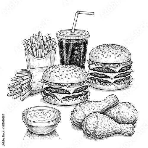 Hand drawn fast food collection featuring burgers fries soda fried chicken and sauce an illustration of classic American cuisine
