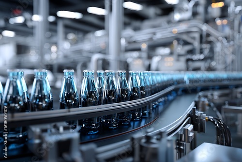Conveyor belt carrying blue glass bottles in a beverage factory