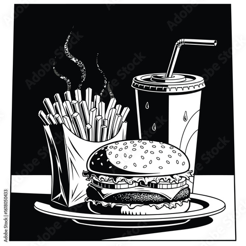 Fast food illustration with burger, fries, and drink