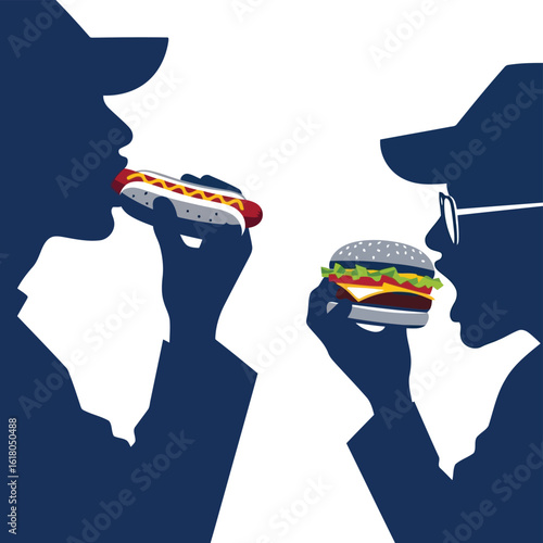 People Eating Hot Dog and Burger Fast Food Feast Enjoyment Silhouette Style Illustration Dietary Indulgence Junk Food Consumption