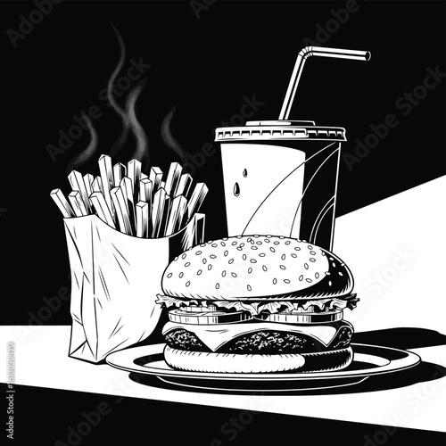 Fast food illustration with burger, fries, and drink